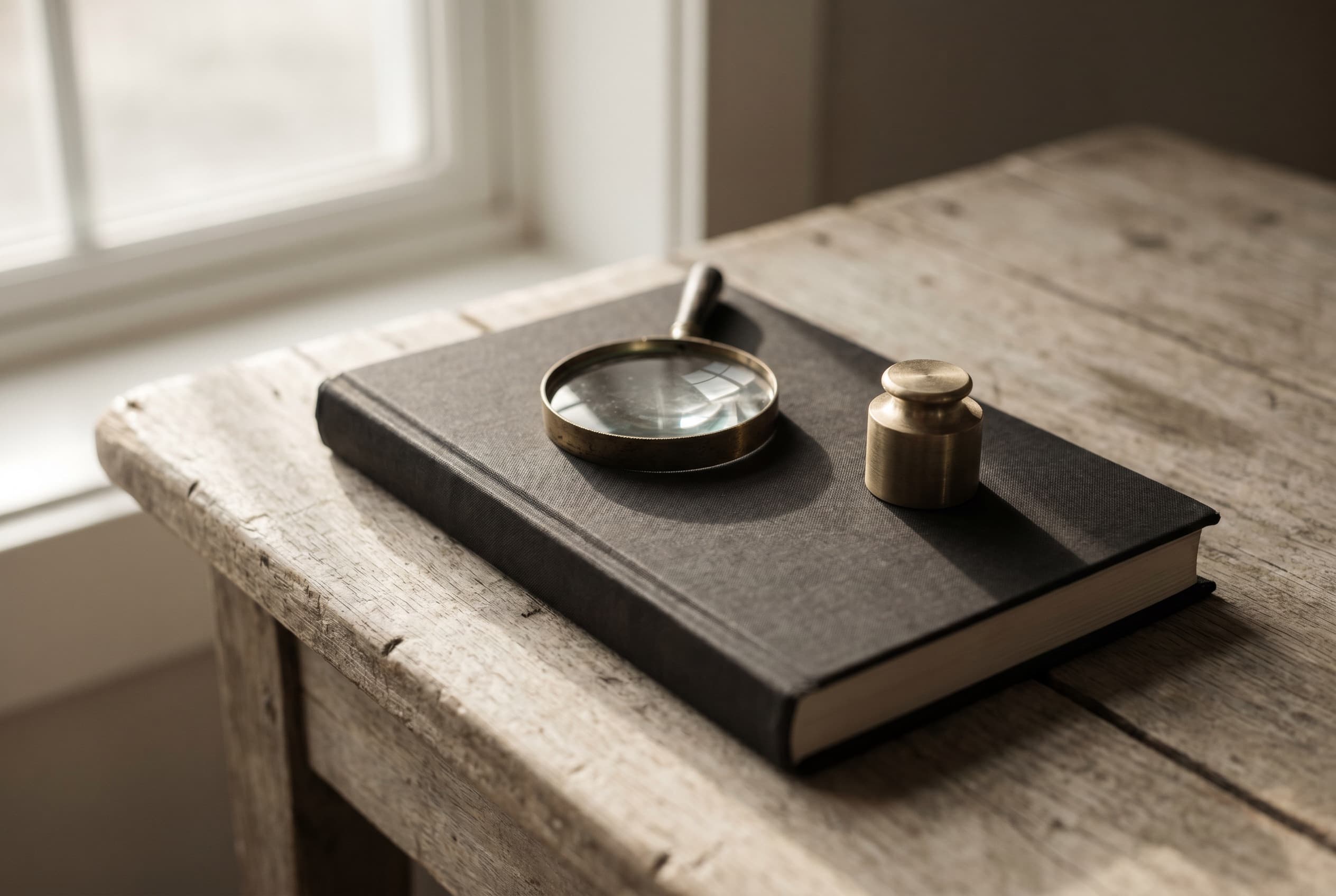 A closed clothbound book beside a tied stack of aged papers and a brass weight on raw wood.