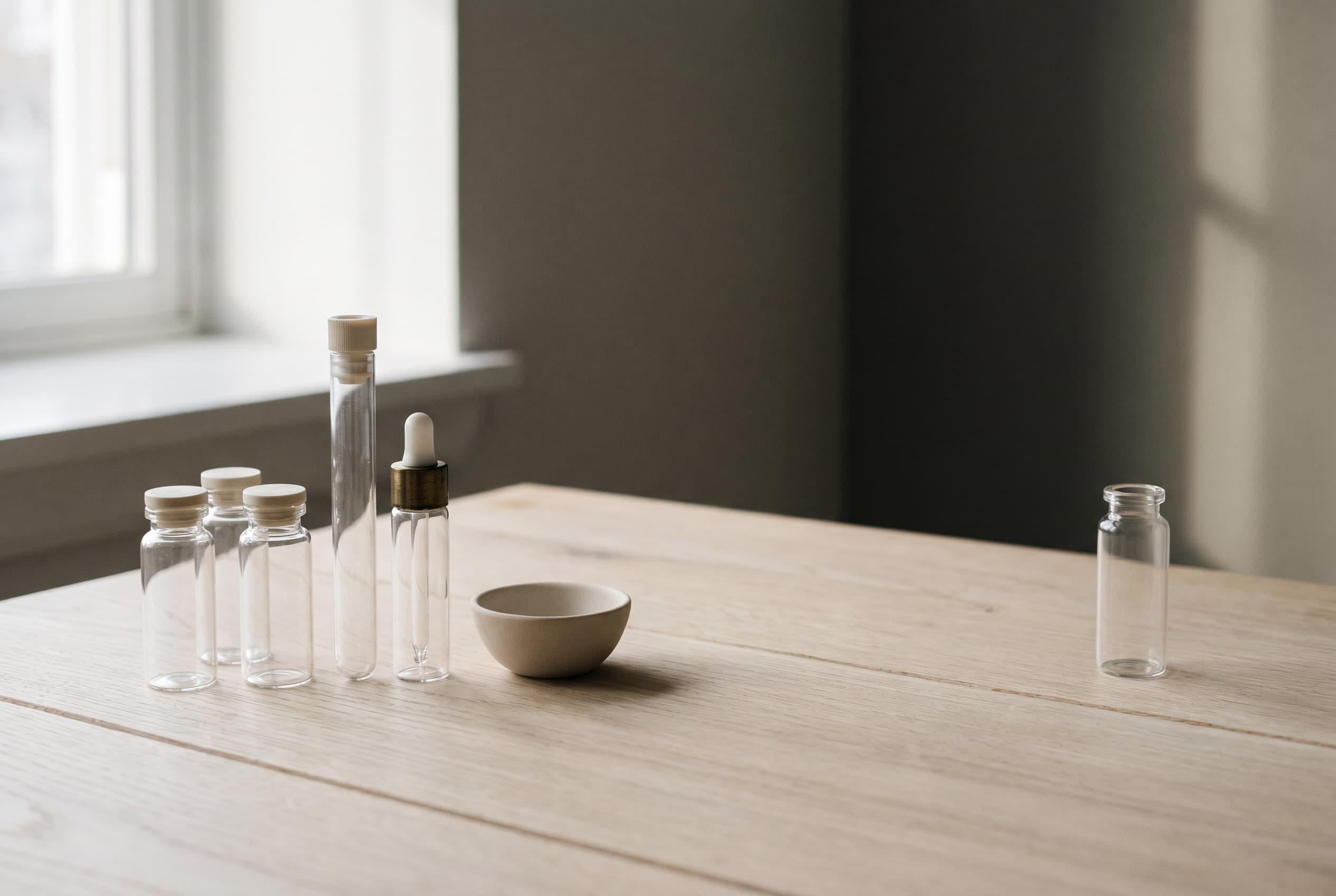 A brass tray of grouped vials beside one solitary vial on pale oak — a full protocol versus a single track.