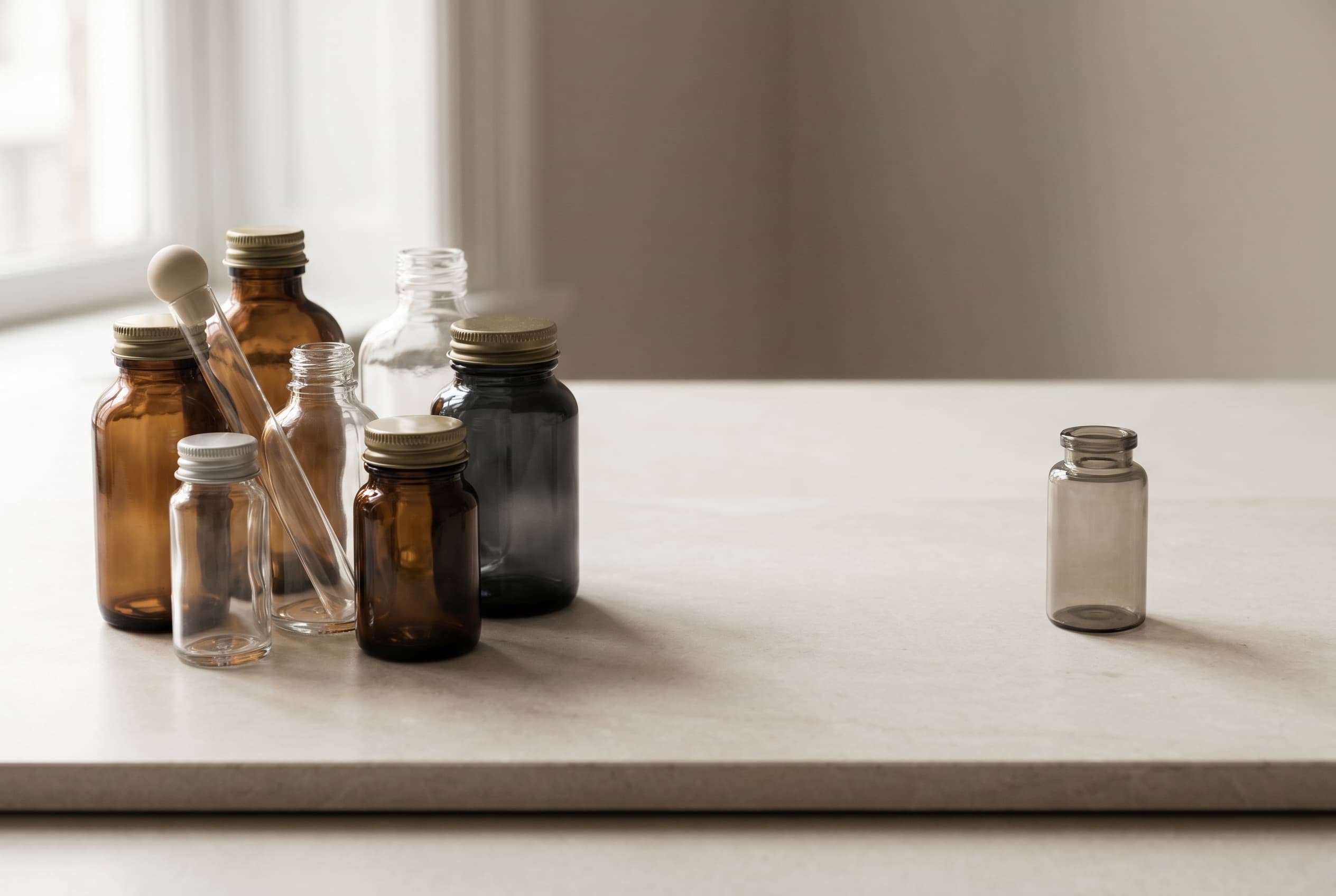 A composed group of apothecary bottles beside one bottle set apart on a stone slab.