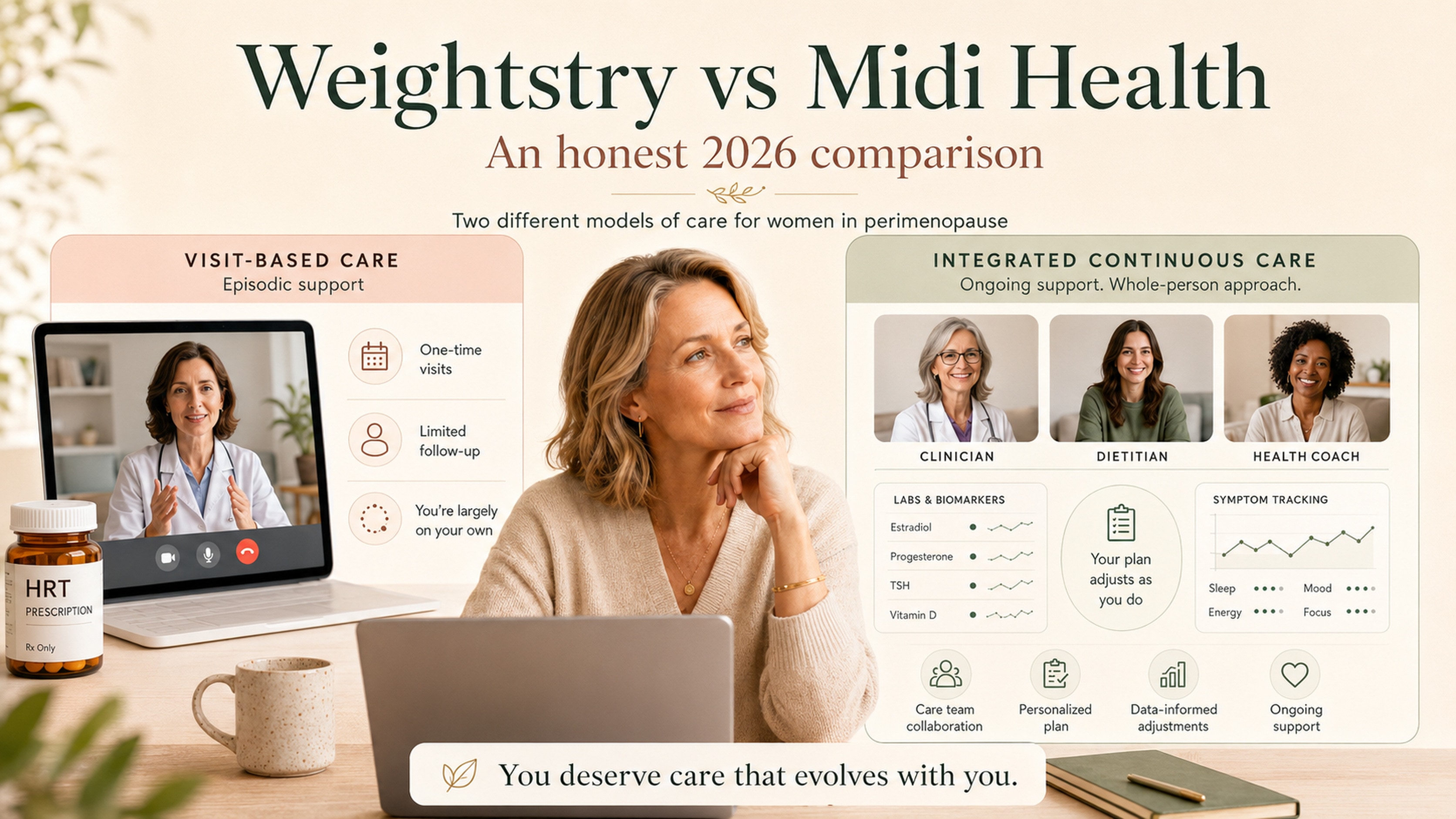 Weightstry vs Midi Health — an honest 2026 comparison: Midi's visit-based, episodic care beside Weightstry's integrated, continuous, whole-person care with a clinician, dietitian and coach, lab biomarkers and symptom tracking.