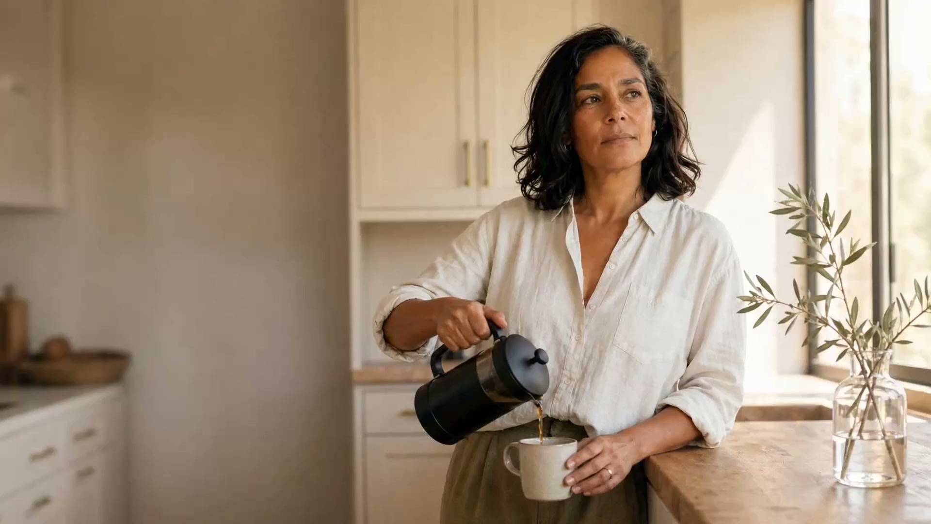 A woman in her late forties stands at an oak kitchen island in early morning light, mid-pour from a matte black French press, gaze turned toward the window.