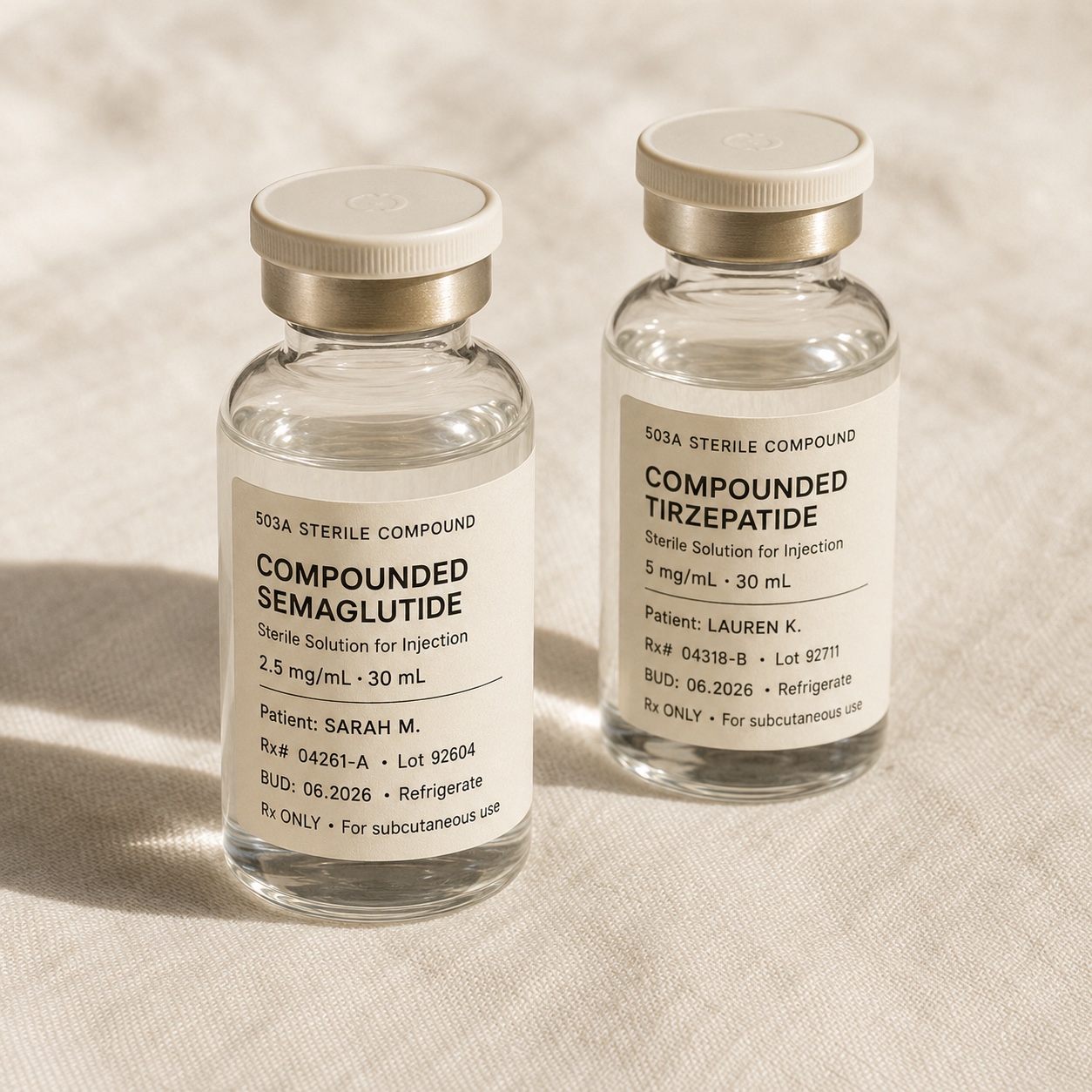 Two compounded GLP-1 vials on cream linen — semaglutide and tirzepatide as 503A sterile solutions in clear glass, each labeled with patient name, prescription number, lot number, and beyond-use date.