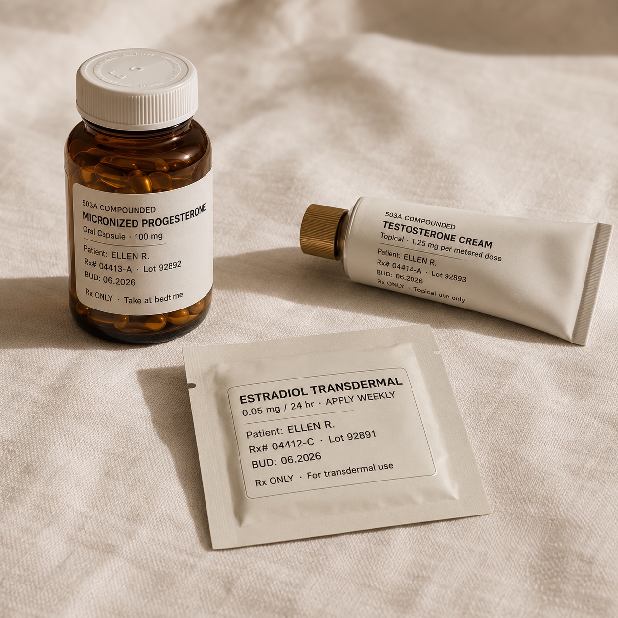 Three compounded HRT formulations on cream linen — an amber bottle of micronized progesterone, a tube of testosterone cream, and a transdermal estradiol patch, all 503A-prepared and labeled with patient name, dose, lot number, and beyond-use date.